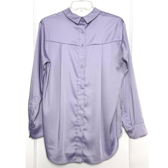 ROUCHA Lavender Satin Back Button Up Long Sleeve Double Collar Oversized Shirt S - Picture 3 of 7